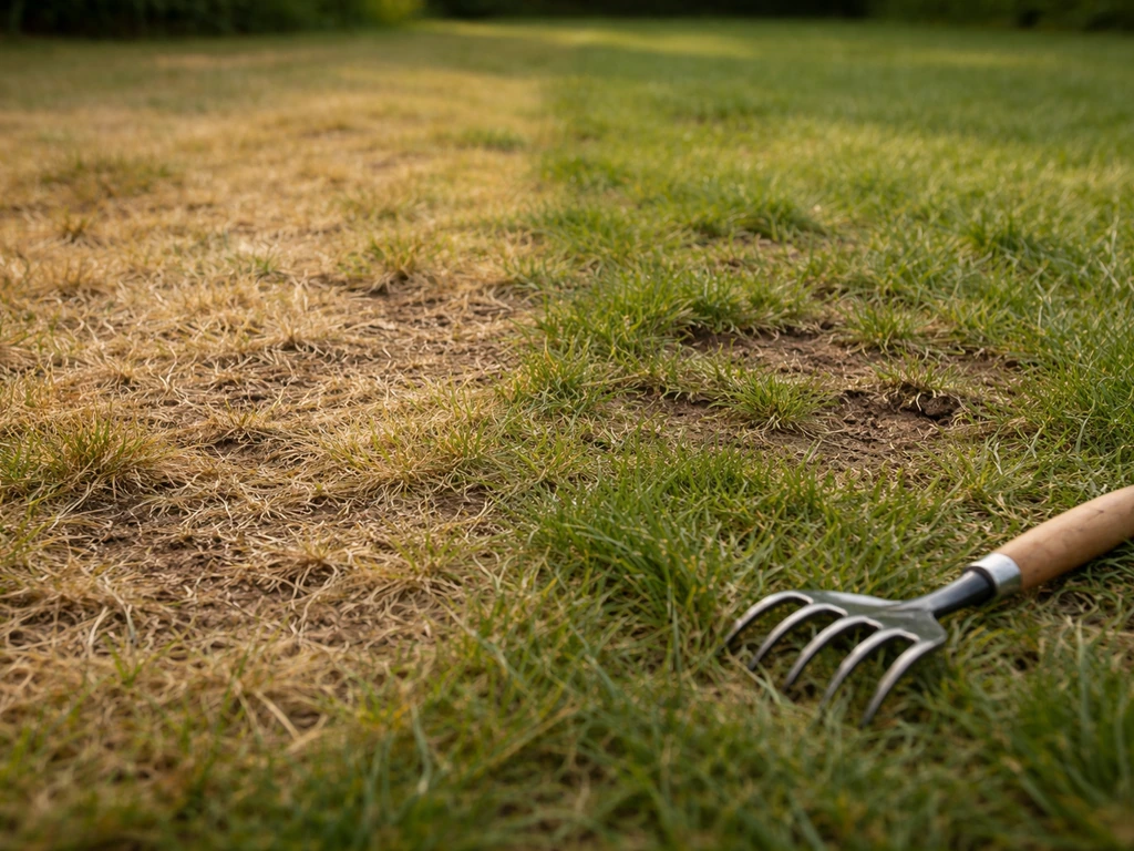 Pelouse avec zones jaunies et déchaussées, outil de jardin à côté, photo au ras du sol pour diagnostic.
