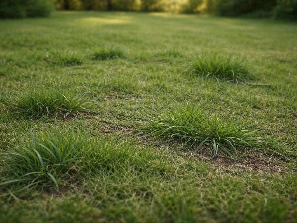 Pelouse vue au sol avec des touffes de chiendent vertes différentes, grand plan sur quelques brins
