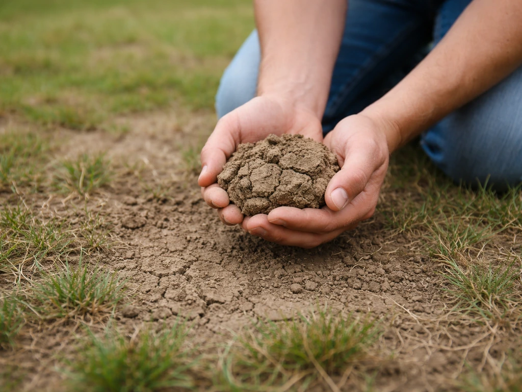 Main tenant une petite motte, sol compacté et pelouse clairsemée visibles autour d’une zone infestée.
