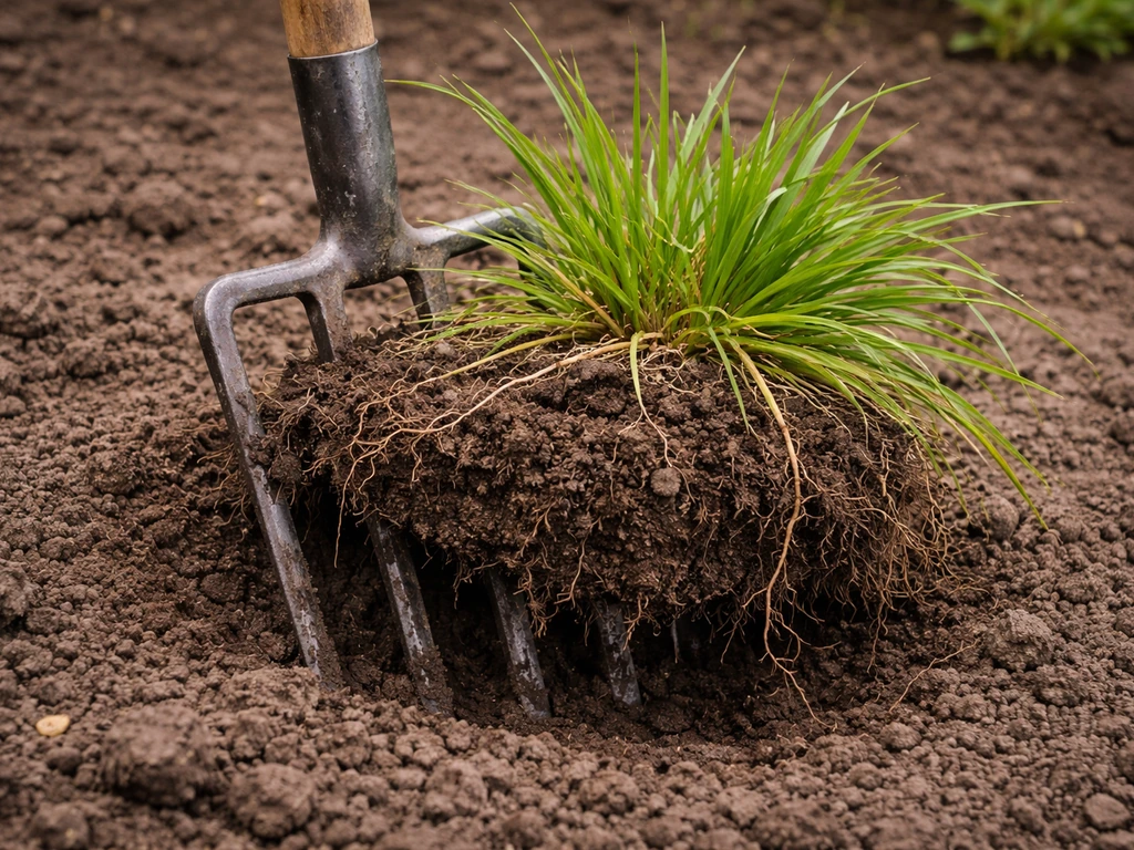 Fourche-bêche plantée sous une touffe de chiendent, motte soulevée avec rhizomes partiellement visibles.
