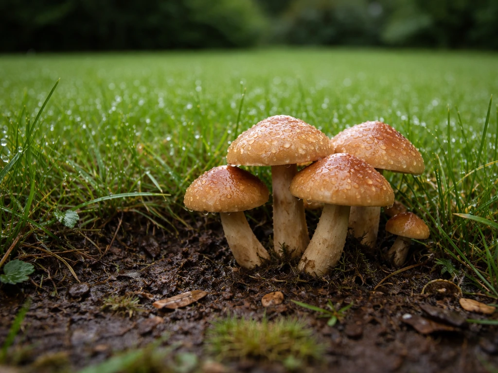 Champignons sur une pelouse humide après la pluie, herbe verte et sol sombre visibles autour.