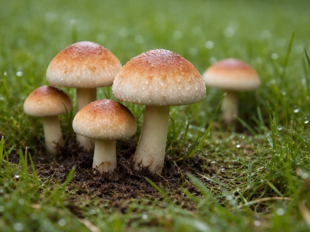 Gros plan de champignons sortant du gazon, chapeau visible sur une pelouse légèrement humide.