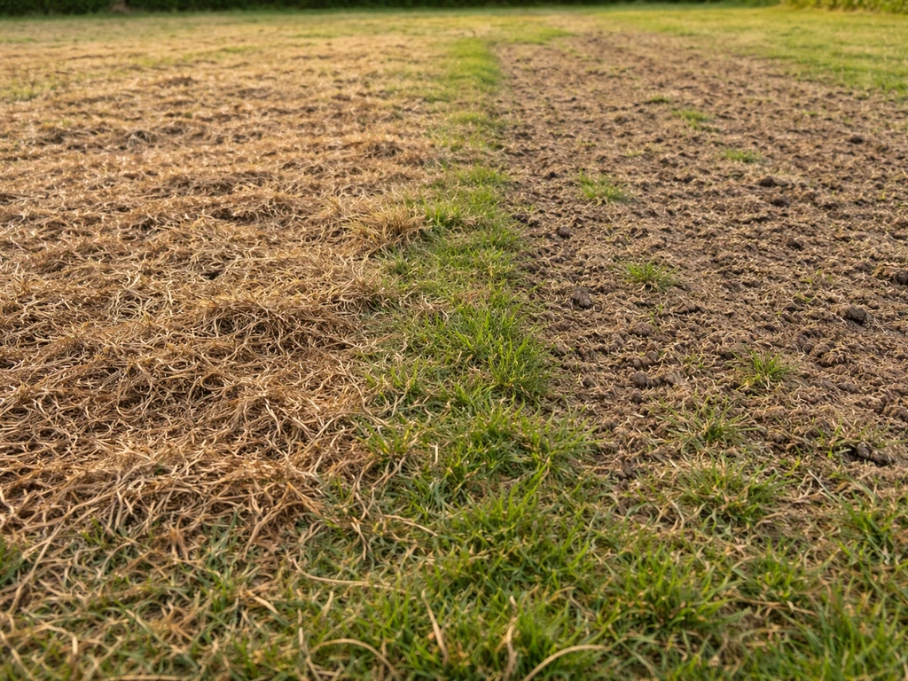 Pelouse avec chaume visible et petite zone préparée pour scarification, montrant la nécessité d’aération.