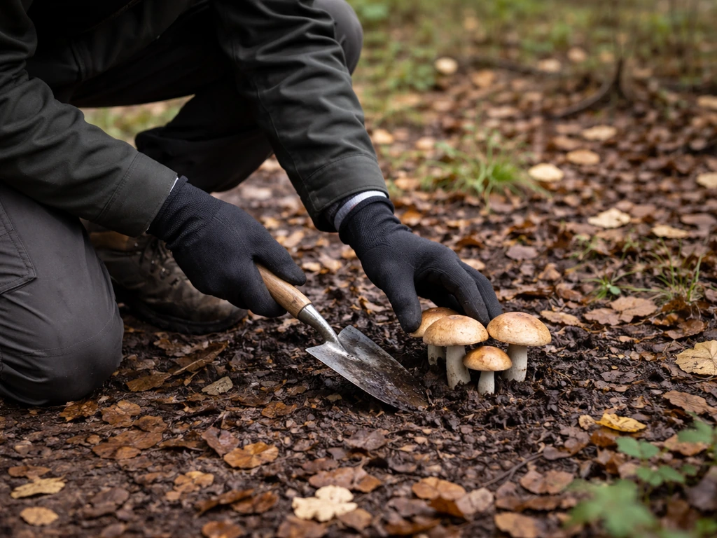 Personne anonyme en gants ramassant des champignons avec une petite pelle, en sous-bois.