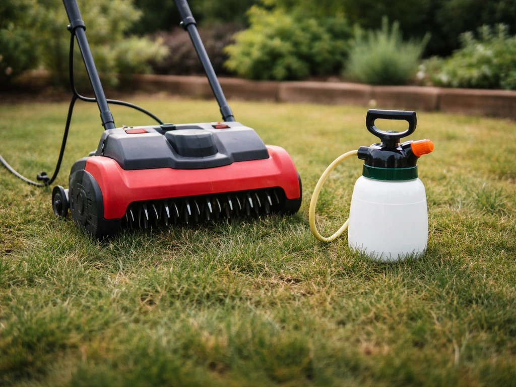 Matériel de jardin (scarificateur/aérateur) et pulvérisateur posés près d’une pelouse, éclairage naturel