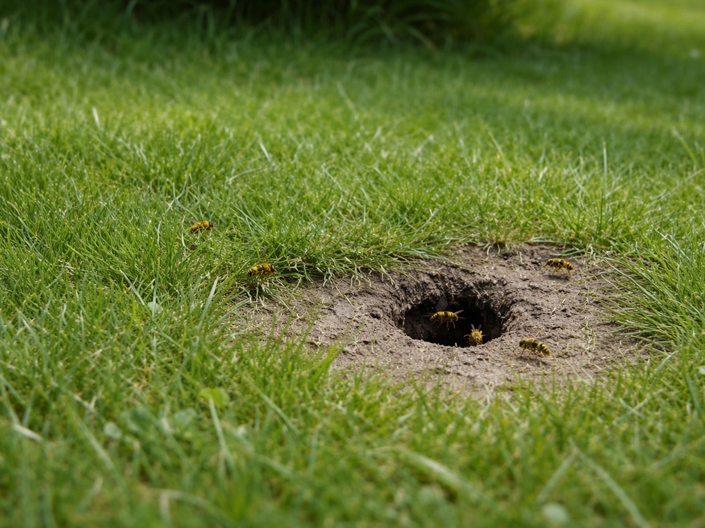 Orifice d’entrée d’un nid de guêpes dans une pelouse, herbe verte et activité proche, ambiance jardin