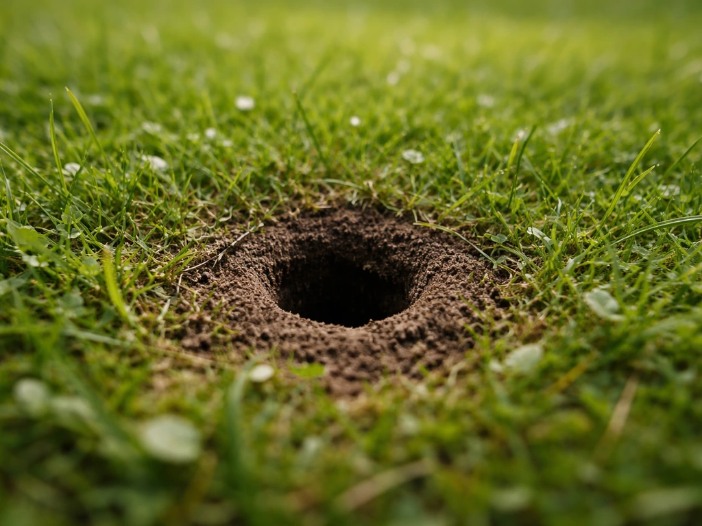 Gros plan d’un petit trou de 2 à 4 cm dans la pelouse, avec sol légèrement remanié autour.