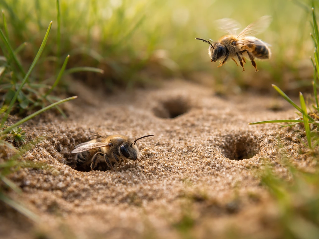 Macro au ras du sol dans une pelouse : abeilles solitaires près de petits trous dans la terre.