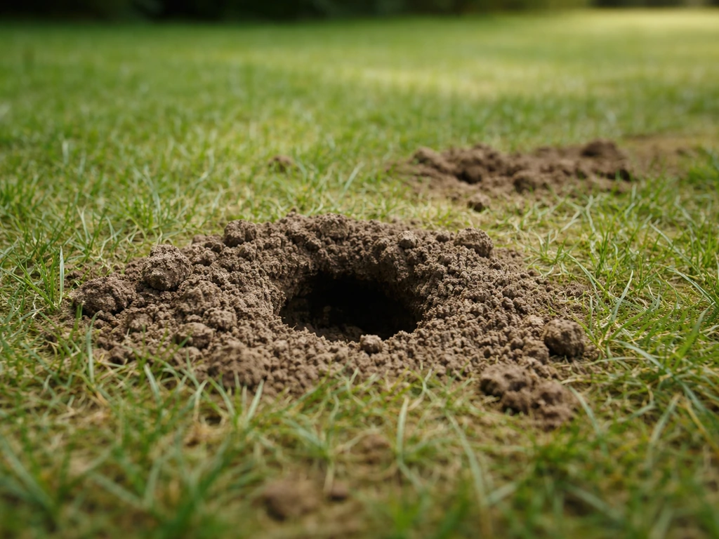 Trou net dans une pelouse avec petites mottes de terre, vue rapprochée au ras du sol, indices d’un animal fouisseur