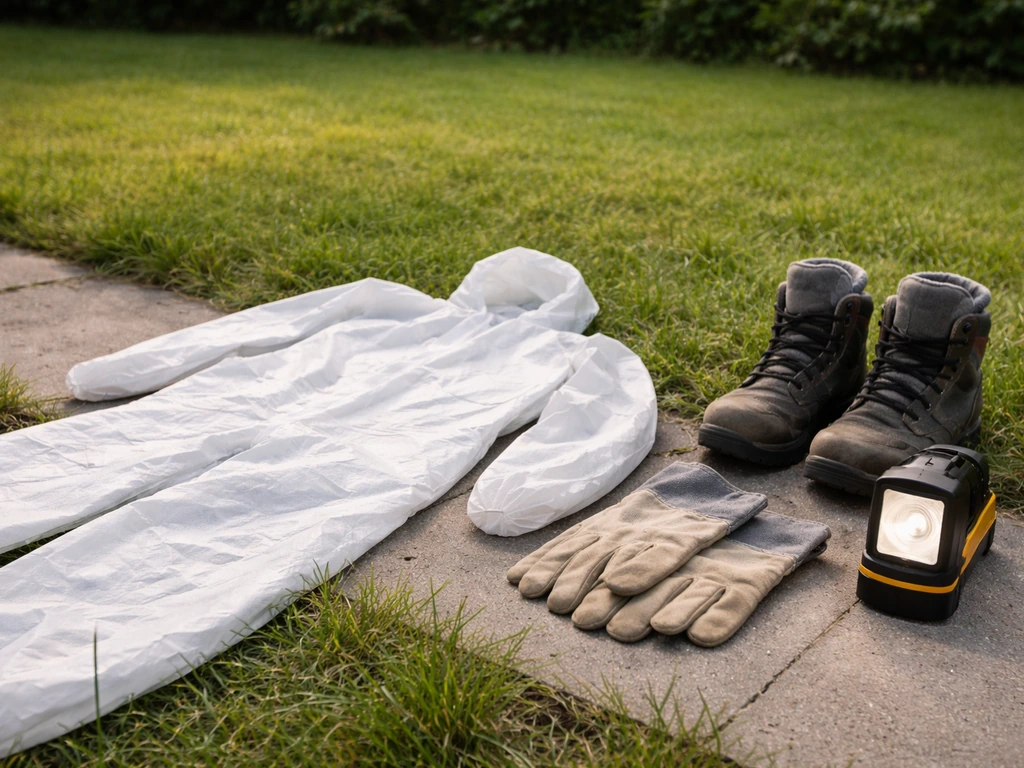 Combinaison de protection, gants épais et chaussures préparés près d’une lampe sur une pelouse