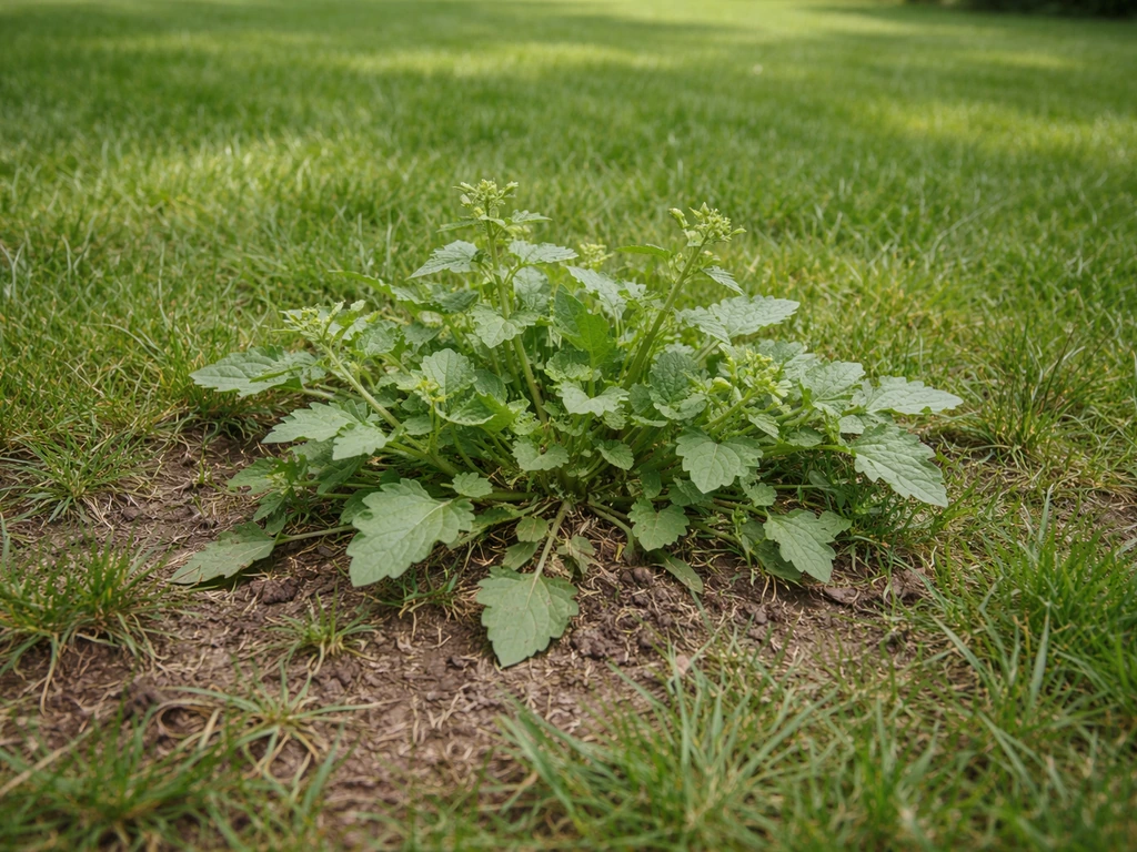 Pelouse avec une plante envahissante bien visible au premier plan et gazon plus sain en arrière-plan.