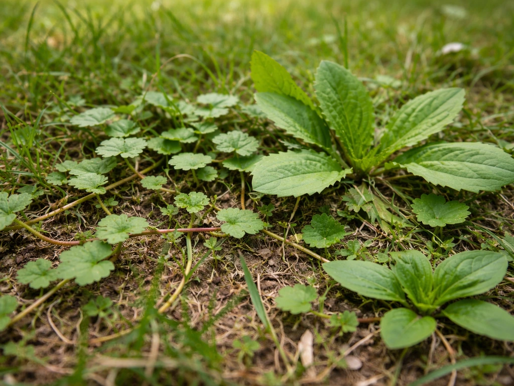 Vue rapprochée de plantes envahissantes dans une pelouse : tiges rampantes, rosettes et feuilles au sol.