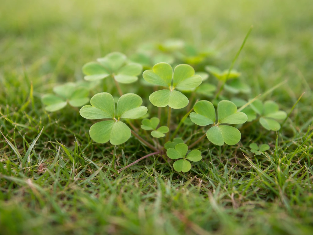 Gros plan d’oxalis corniculée en tapis bas sur pelouse, feuilles à 3 folioles en forme de cœur bien visibles.