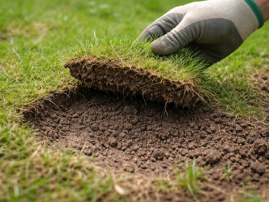 Motte de gazon soulevée montrant un sol compacté et des racines peu denses sur une pelouse affaissée.