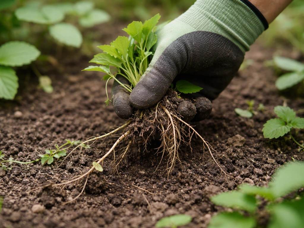 Main gantée qui arrache une plante à la base, avec racines et terre humide visibles.