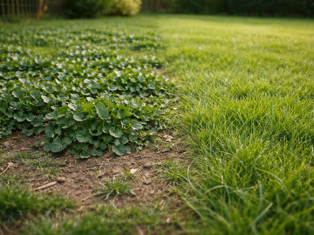 Pelouse partiellement envahie par une plante indésirable, contraste net avec l’herbe saine.
