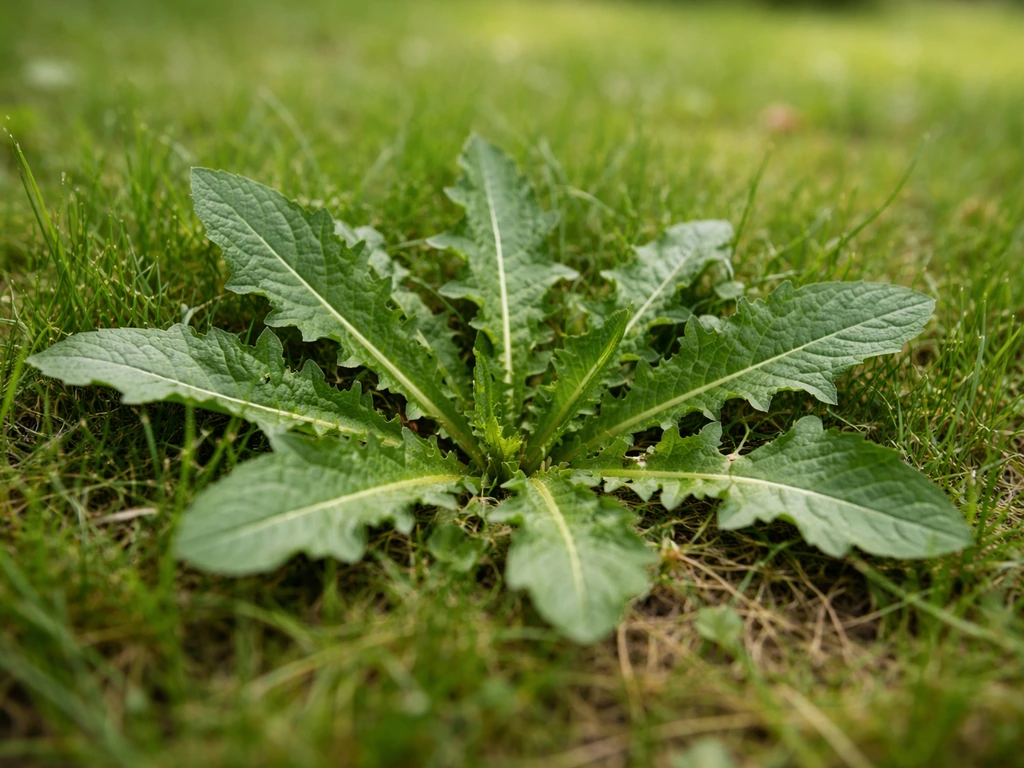 Feuilles en rosette de pissenlit sur une pelouse, vue rapprochée pour aider à reconnaître la plante envahissante.