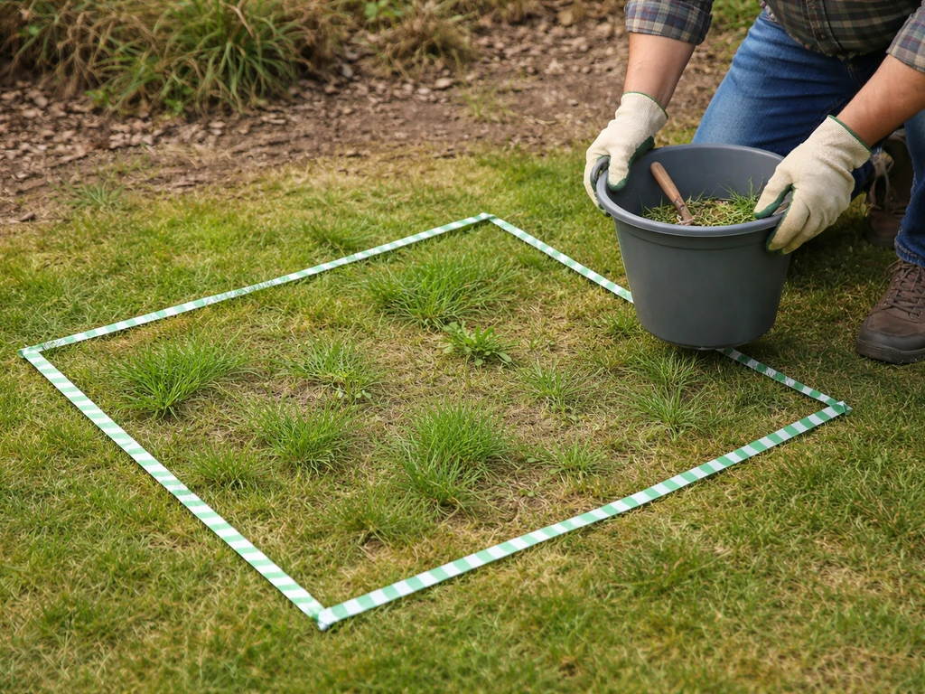 Gants et petit seau près d’une petite zone de pelouse délimitée par ruban de jardin, à l’extérieur.