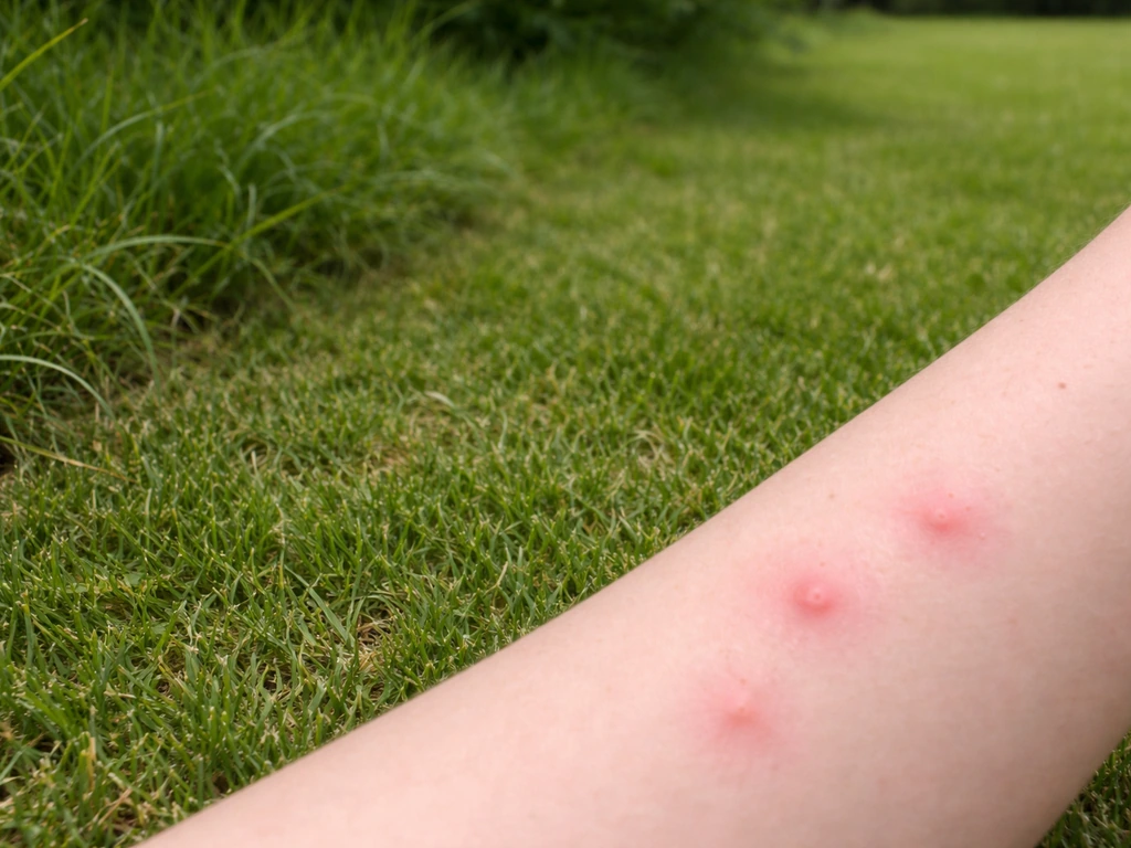 Pelouse française près d’un bord et main montrant de petites papules après une piqûre d’insecte