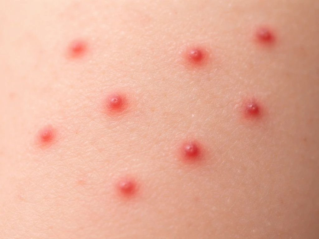 Macro d’une peau montrant de petites papules rouges d’environ 2 mm, légèrement auréolées.