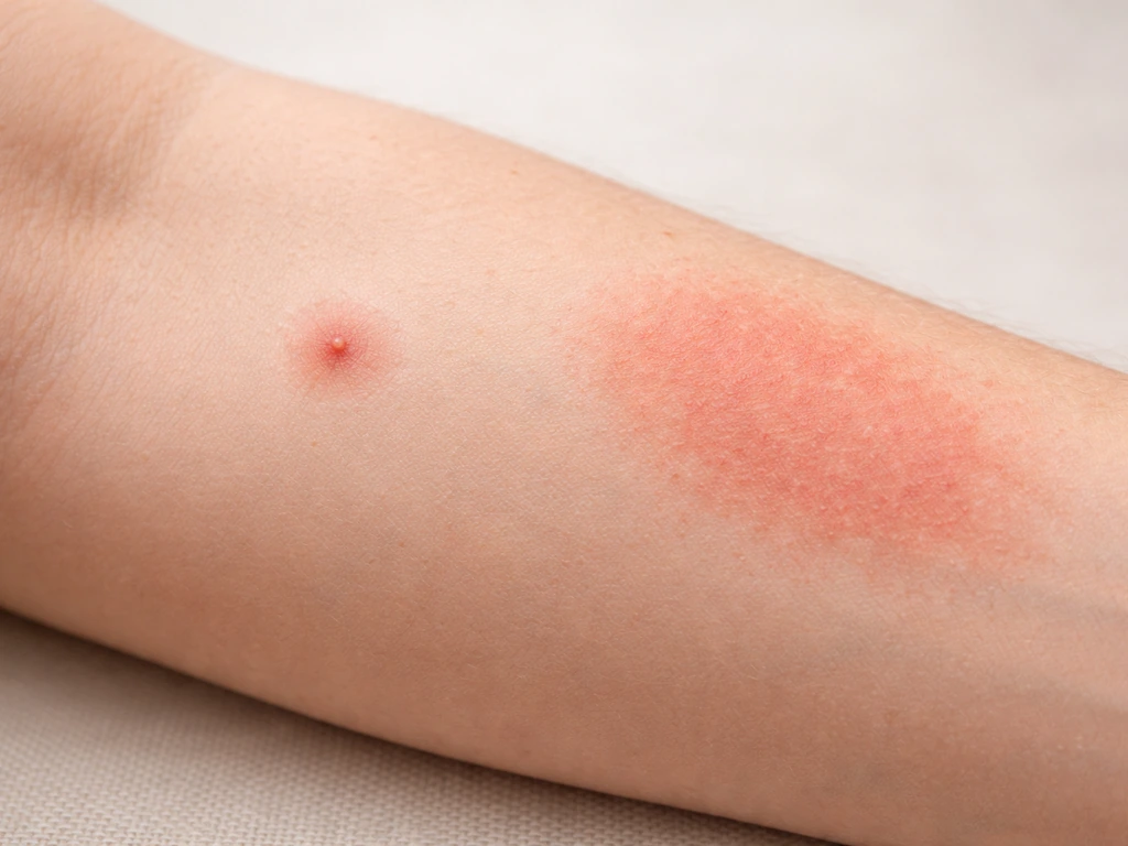 Gros plan sur le bras : une petite piqûre légèrement gonflée à côté d’une plaque rouge d’irritation de contact.