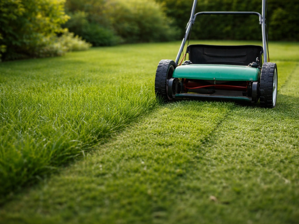 Tonte des bords d’une pelouse, herbe plus courte au premier plan avec une tondeuse en action.
