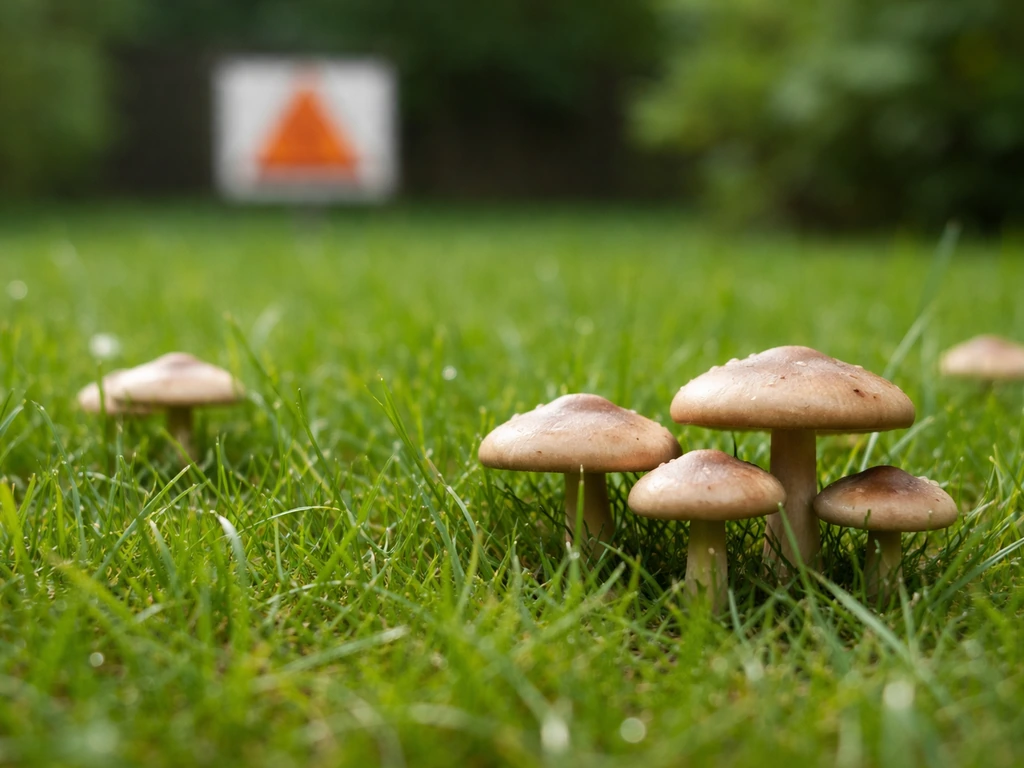 Pelouse avec plusieurs champignons de gazon bien visibles, illustrant un risque immédiat et la prudence.