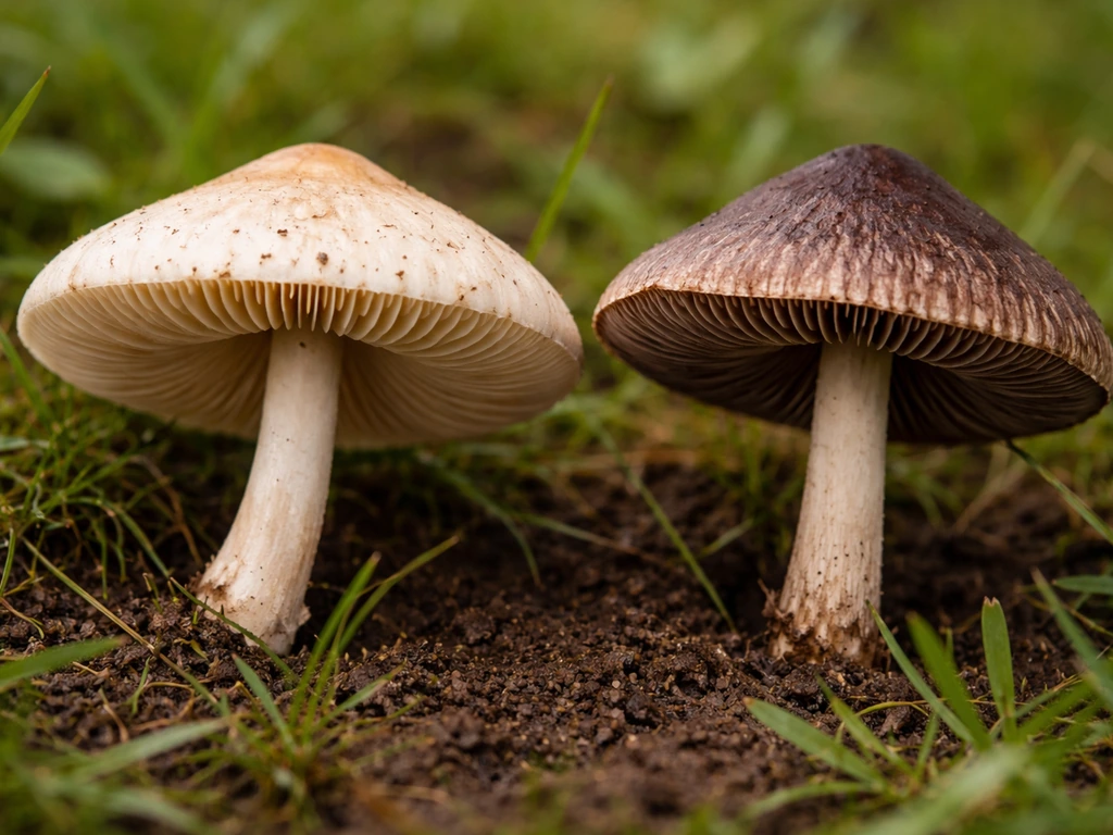 Plan rapproché de deux champignons de pelouse, l’un à lamelles pâles et l’autre plus foncé, pour comparer.