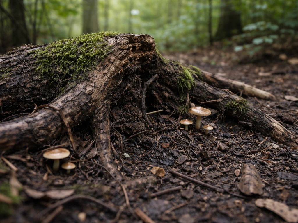 Bois mort et matière organique enfouie au sol, près d’une zone où poussent des champignons
