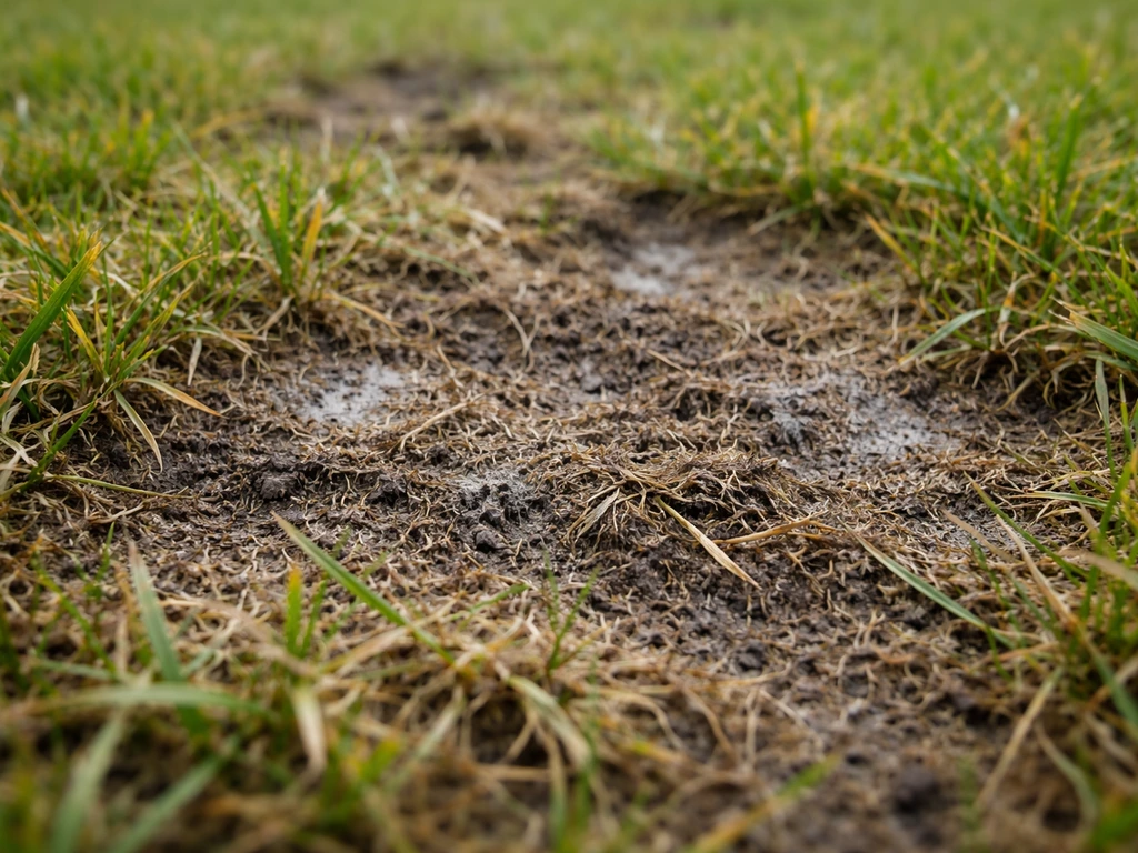 Gazon en gros plan avec feutrage sombre entre les brins et le sol, ambiance humide propice aux champignons.