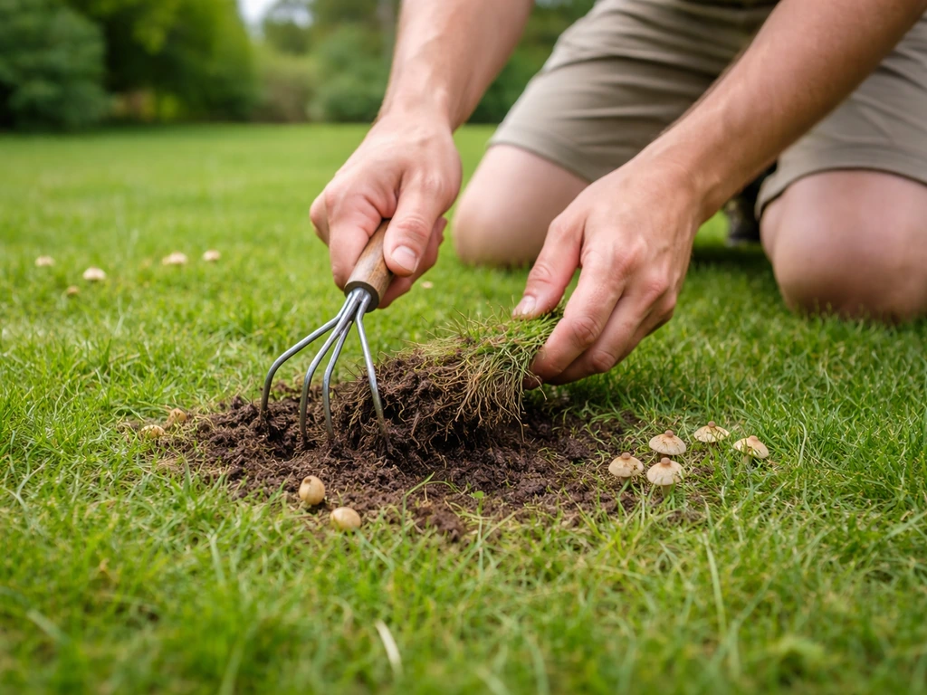 Jardinier désherbant avec une griffe dans une pelouse, autour de petites zones de champignons