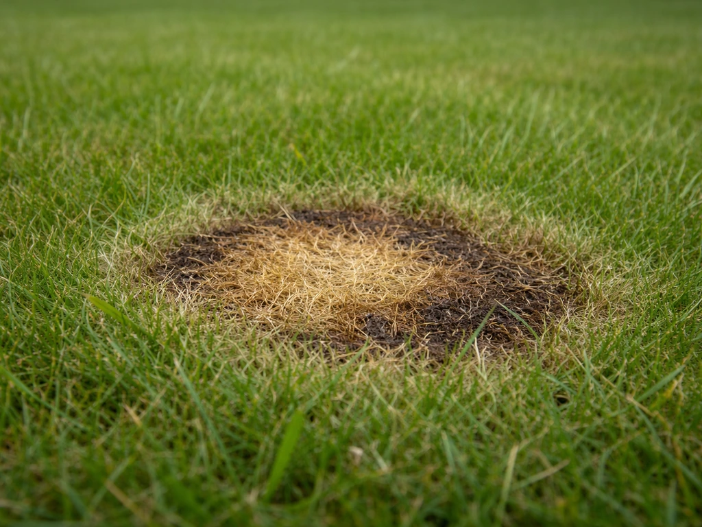 Gros plan sur de l’herbe brûlée par de l’urine de chien : jaune au centre puis brun, avec liseré verdâtre.