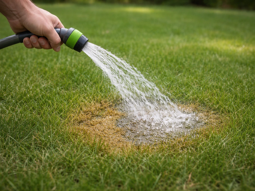 Un chien n’est pas visible : un jet d’eau arrose une tache fraîche sur l’herbe, avant que l’herbe ne brûle.