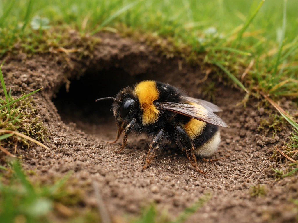 Gros plan d’un bourdon jaune et noir devant une entrée dans la pelouse, montrant son activité.