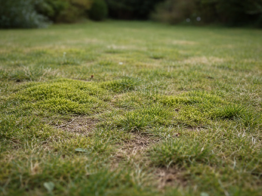 Gazon clairsemé avec mousse visible et sol légèrement nu, illustrant un habitat propice aux bourdons.