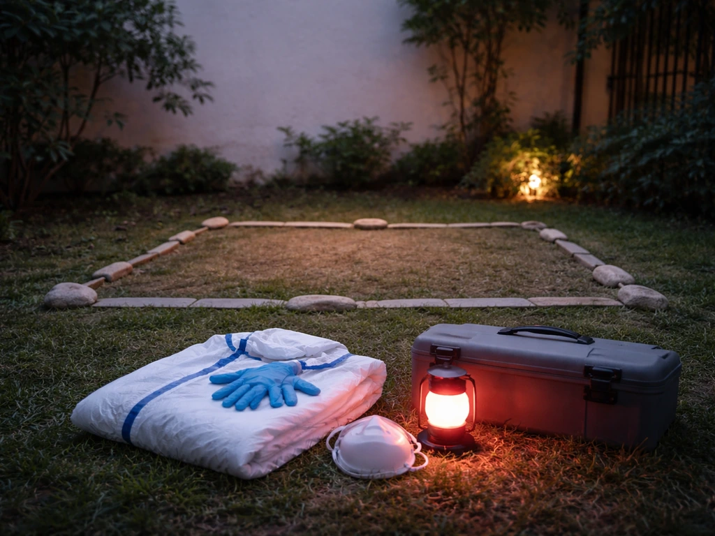 Kit de protection et lampe rouge pour une intervention nocturne douce, zone balisée dans un jardin au calme.