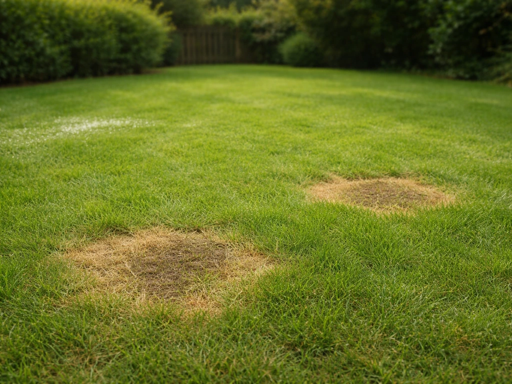 Pelouse de jardin française avec deux zones jaunies, léger arrosage visible, préparation au diagnostic et rattrapage