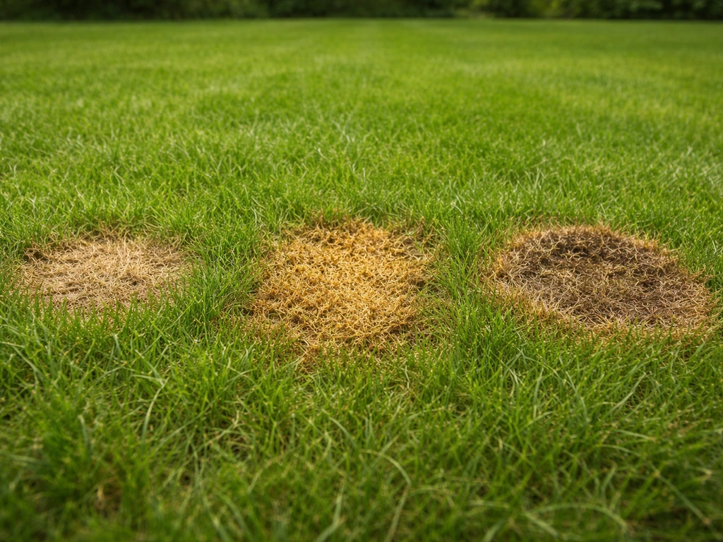 Trois taches différentes sur une pelouse : anneau vert autour d’un brun, zone brûlée, et tache évoquant un champignon.