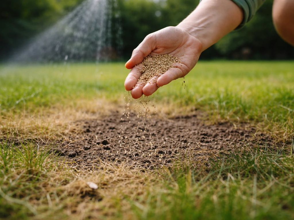 Main qui éparpille des graines de gazon sur une pelouse clairsemée, arrosage discret, fin d’été.