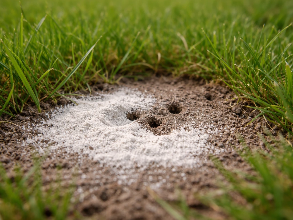 Poudre blanchâtre de terre de diatomée près d’une fourmilière dans la pelouse, avec brins d’herbe visibles