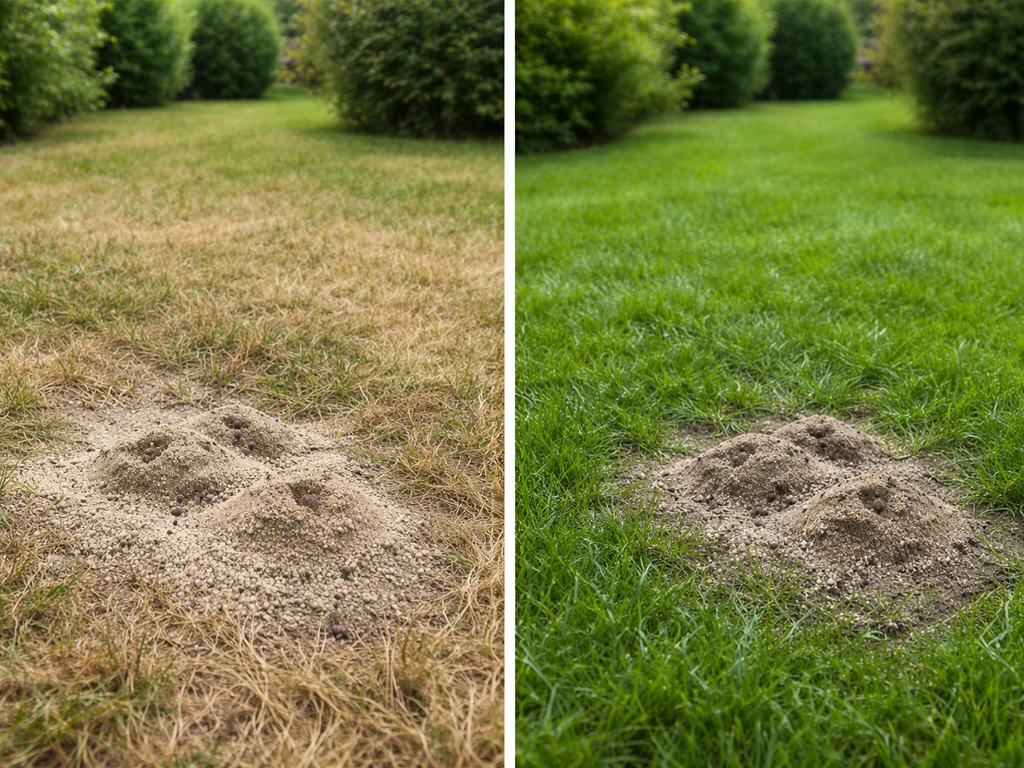 Avant/après sur la pelouse : sol sec puis après pluie, la poudre accroche beaucoup moins.