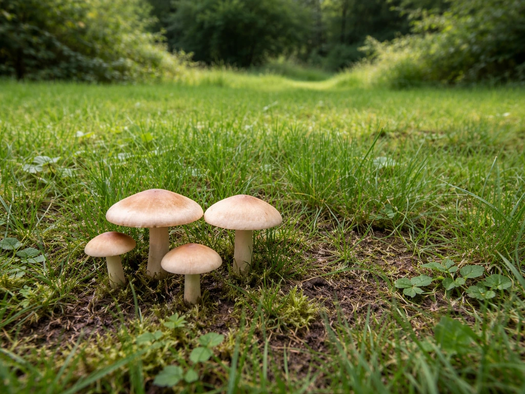 Pelouse française au premier plan avec quelques champignons de pelouse comestibles, sol humide en arrière-plan.
