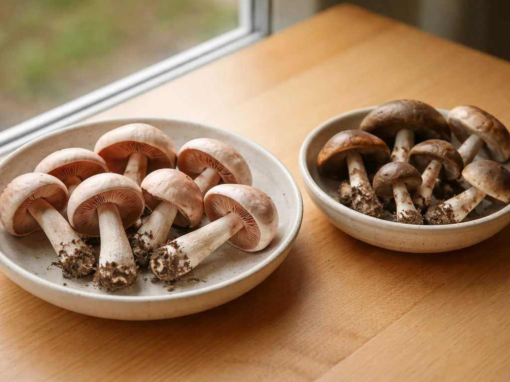 Bol de champignons de pelouse et une assiette à côté, ambiance nature, pour comparer espèces comestibles et confondues.