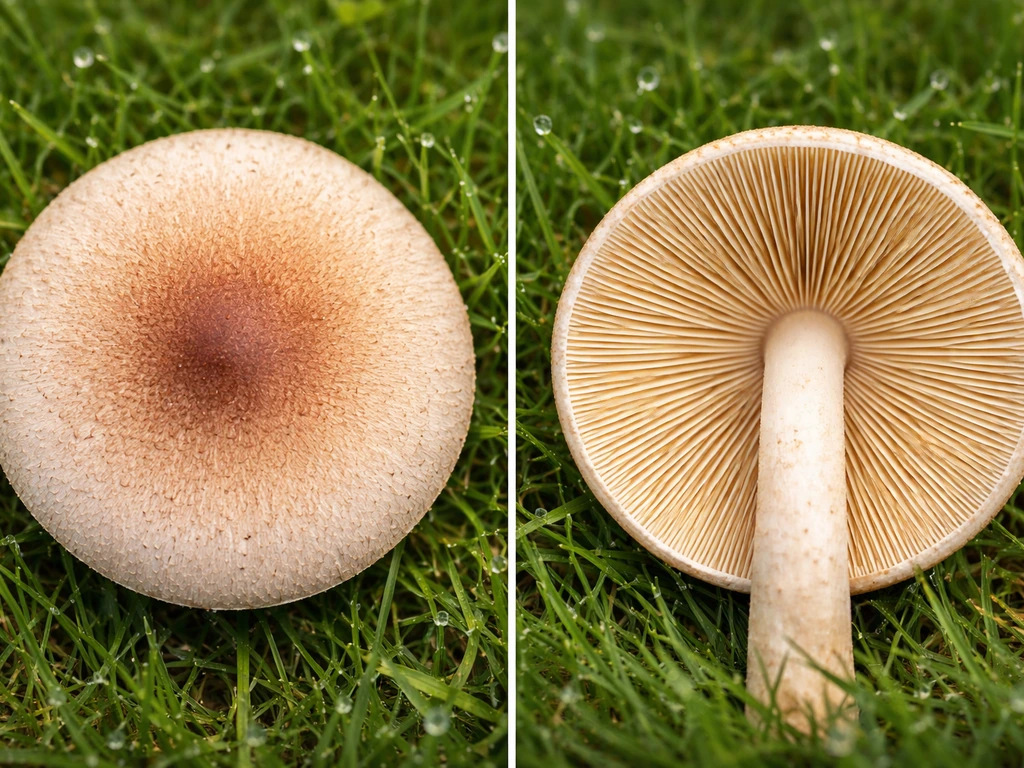 Gros plan d’un champignon de pelouse : chapeau vu d’en haut et lames visibles dessous, pelouse en arrière-plan floue.
