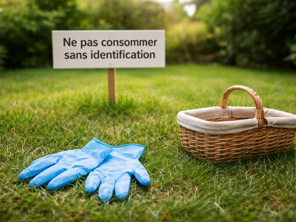 Gants et boîte de cueillette sur une pelouse, avec un panneau de prudence en arrière-plan, sans champignon visible.