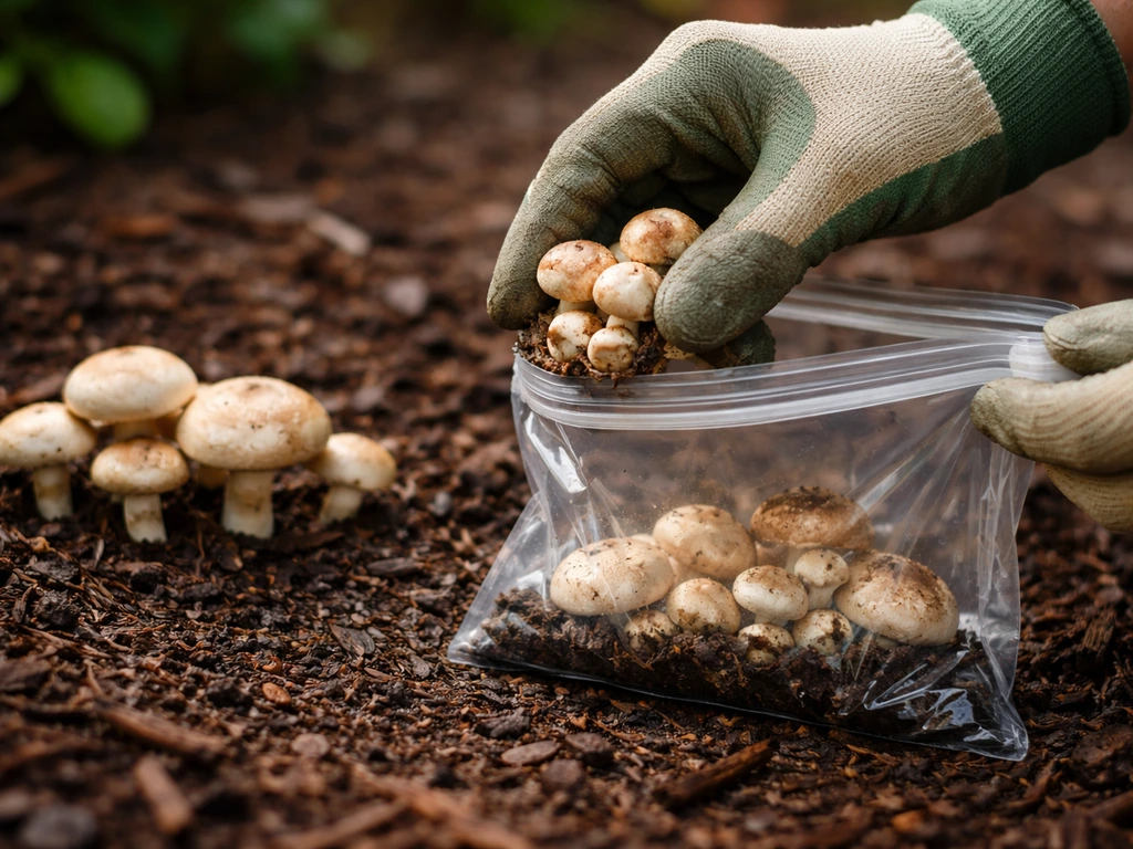 Champignons humides ramassés avec des gants, mis dans un sac plastique, contexte de spores.