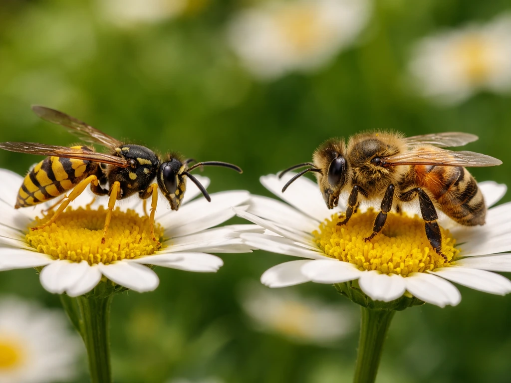 Deux insectes sur des fleurs : une guêpe sociale et une abeille velue, pour comparer les silhouettes.