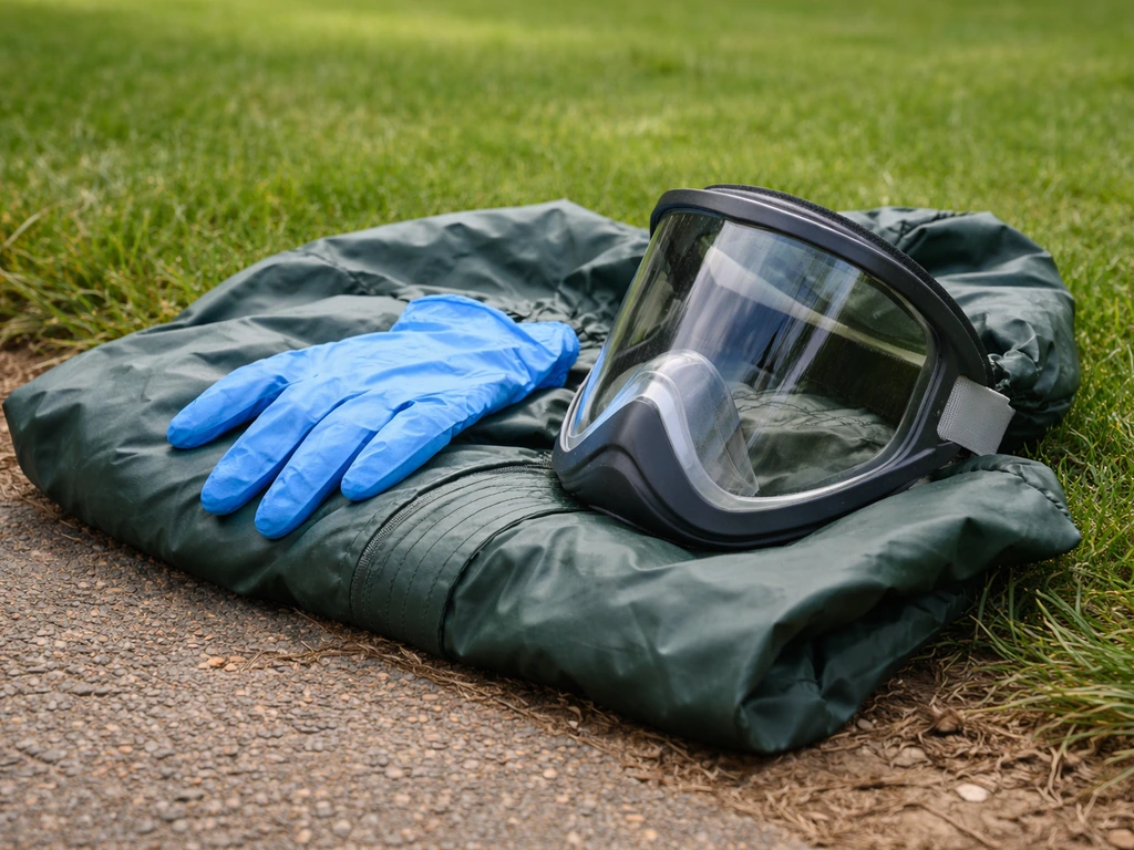 Gants, combinaison et visière de protection posés près d’une pelouse, prêts pour une intervention sécurisée