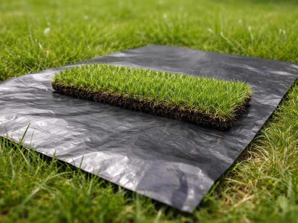 Feuille de pelouse posée sur un plastique noir au sol pour le test de diagnostic contre les larves.