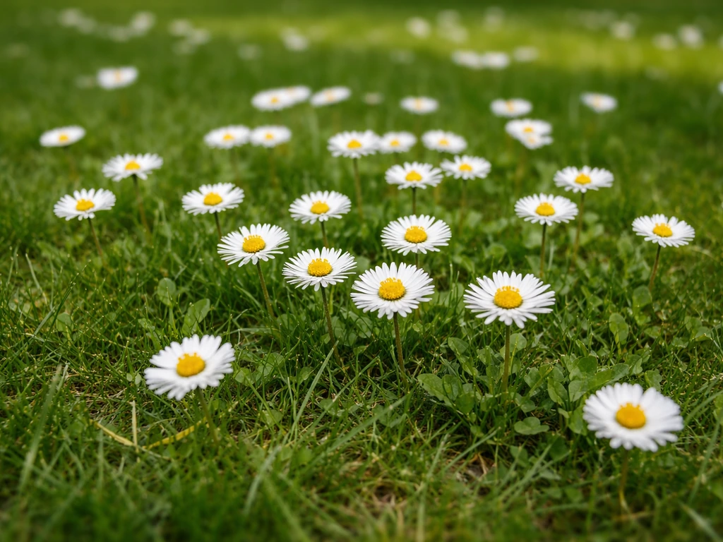 Gros plan réaliste de pâquerettes Bellis perennis envahissant une pelouse française avec brins de gazon visibles.